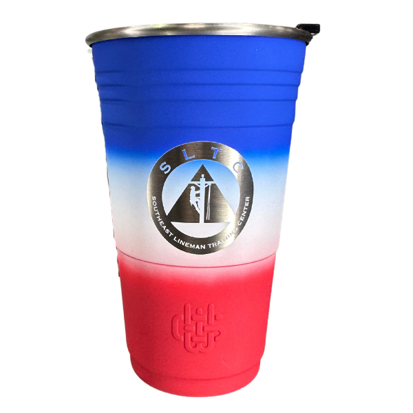 Red, white and blue tumbler with SLTC logo