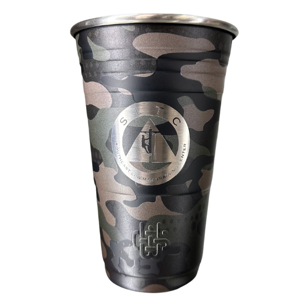 Dark camo tumbler with sltc logo