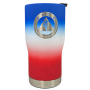 Red, white and blue coffee tumbler with sltc logo