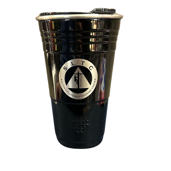 black cup style tumbler with sltc logo