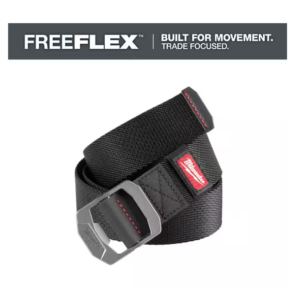 Black belt with a red label and gray buckle on a white background, featuring the FreeFlex brand.