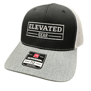 black and white hat with white lettering embroidered Elevated Gear logo