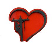 small palm sized red wooden heart with black heart outline and lineman outline in black