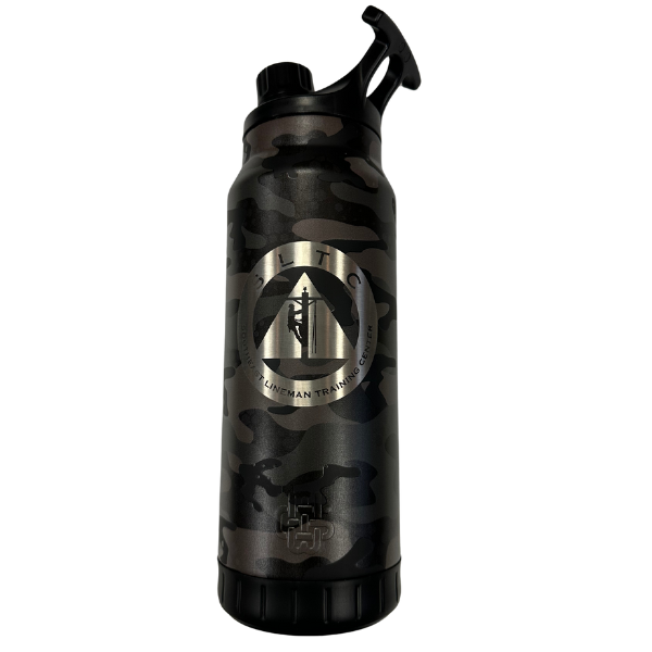 large black and gray camo bottle featuring a handle at the top with an unscrewable lid. Features SLTC logo