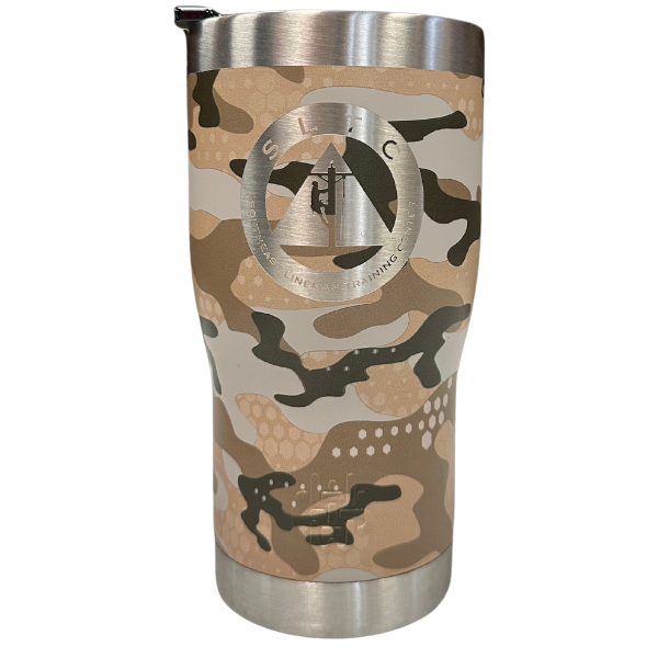 Desert camo coffee tumbler with sltc logo