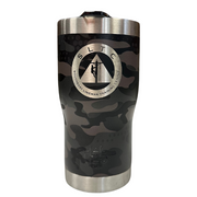 Gray and black camo coffee tumbler with sltc logo